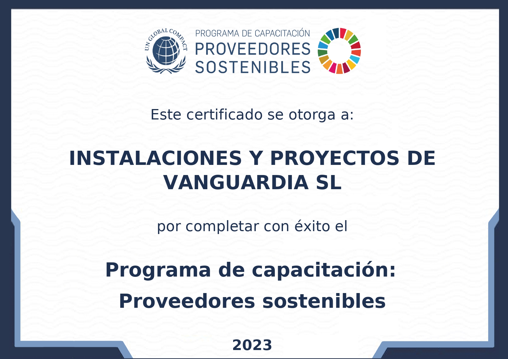 Certicicat PROGRAMA DE CAPACITACIÓ: PROVEÏDORS SOSTENIBLES