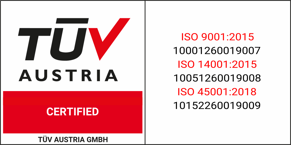 Certificado ISO 9001, ISO 14001 e ISO 45001 - TÜV AUSTRIA